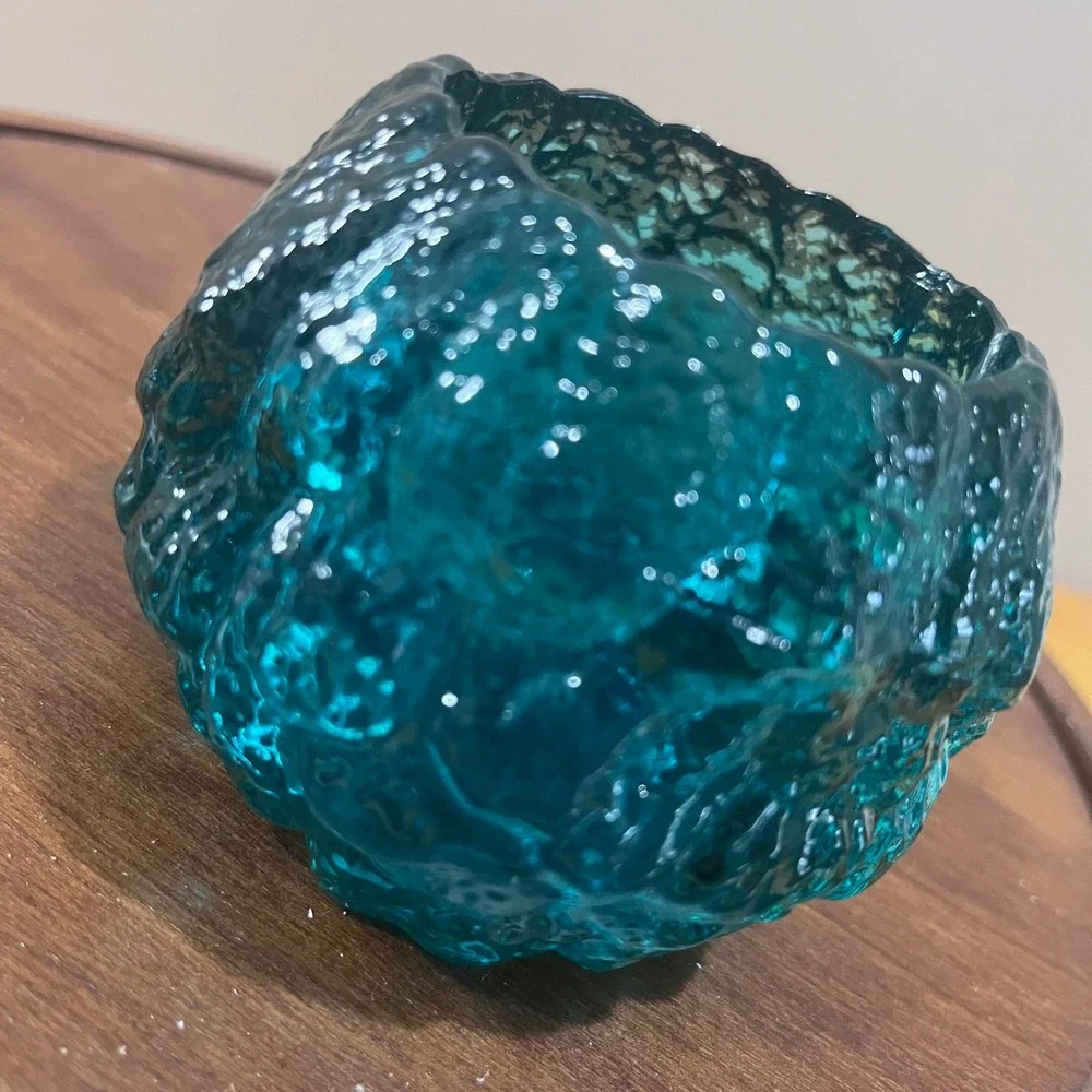 Vtg LE Smith Snowball Votive Teal Blue Textured Glass MCM Candle Holder 3